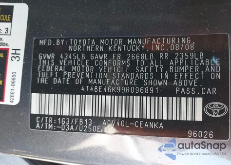 2009 Toyota Camry Le from USA, damaged, VIN 4T4BE46K99R096891